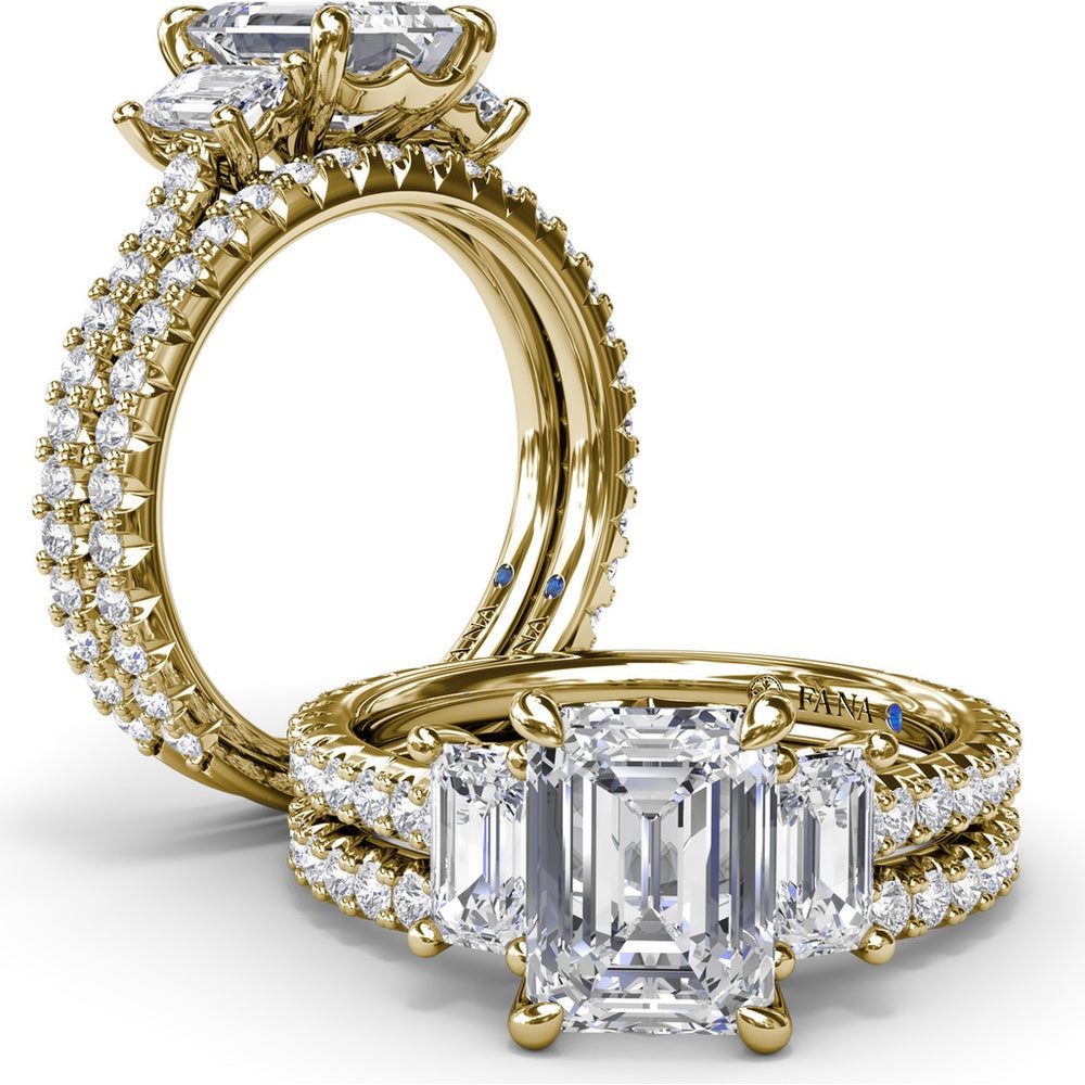 Three Stone Engagement Ring Setting with Emerald Cut Diamonds and Pavé Band by Fana - 1.09 Carat Total Diamond Weight