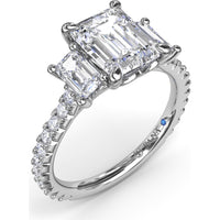 Three Stone Engagement Ring Setting with Emerald Cut Diamonds and Pavé Band by Fana - 1.09 Carat Total Diamond Weight