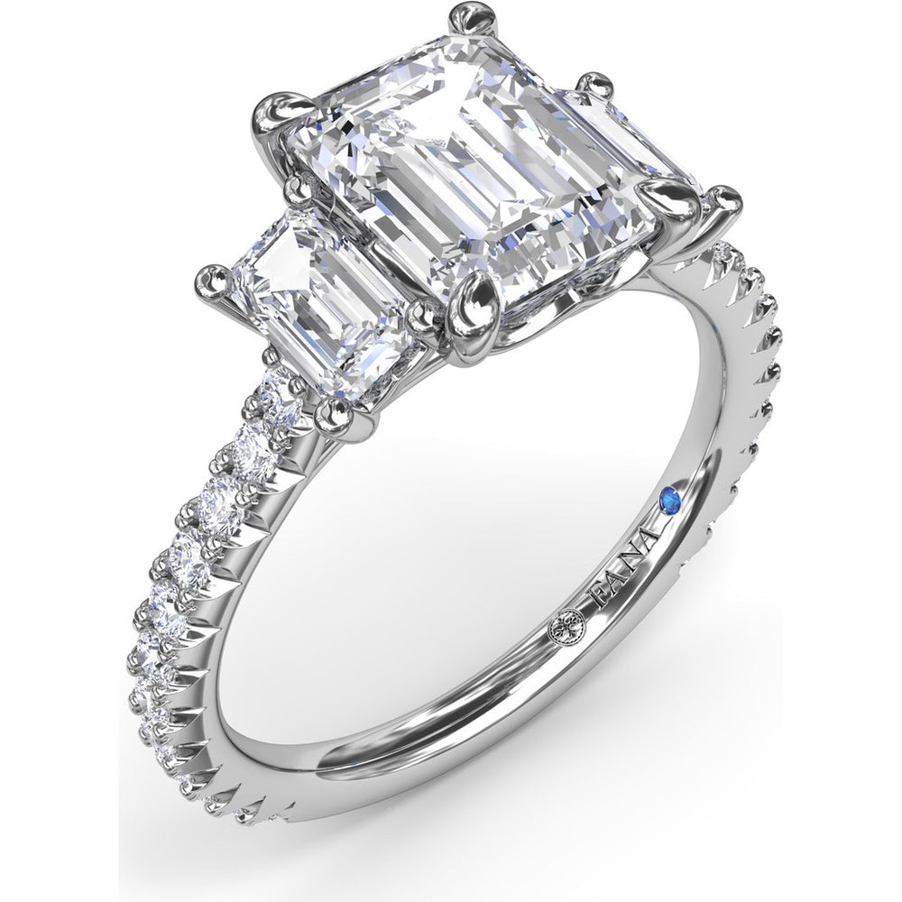 Three Stone Engagement Ring Setting with Emerald Cut Diamonds and Pavé Band by Fana - 1.09 Carat Total Diamond Weight