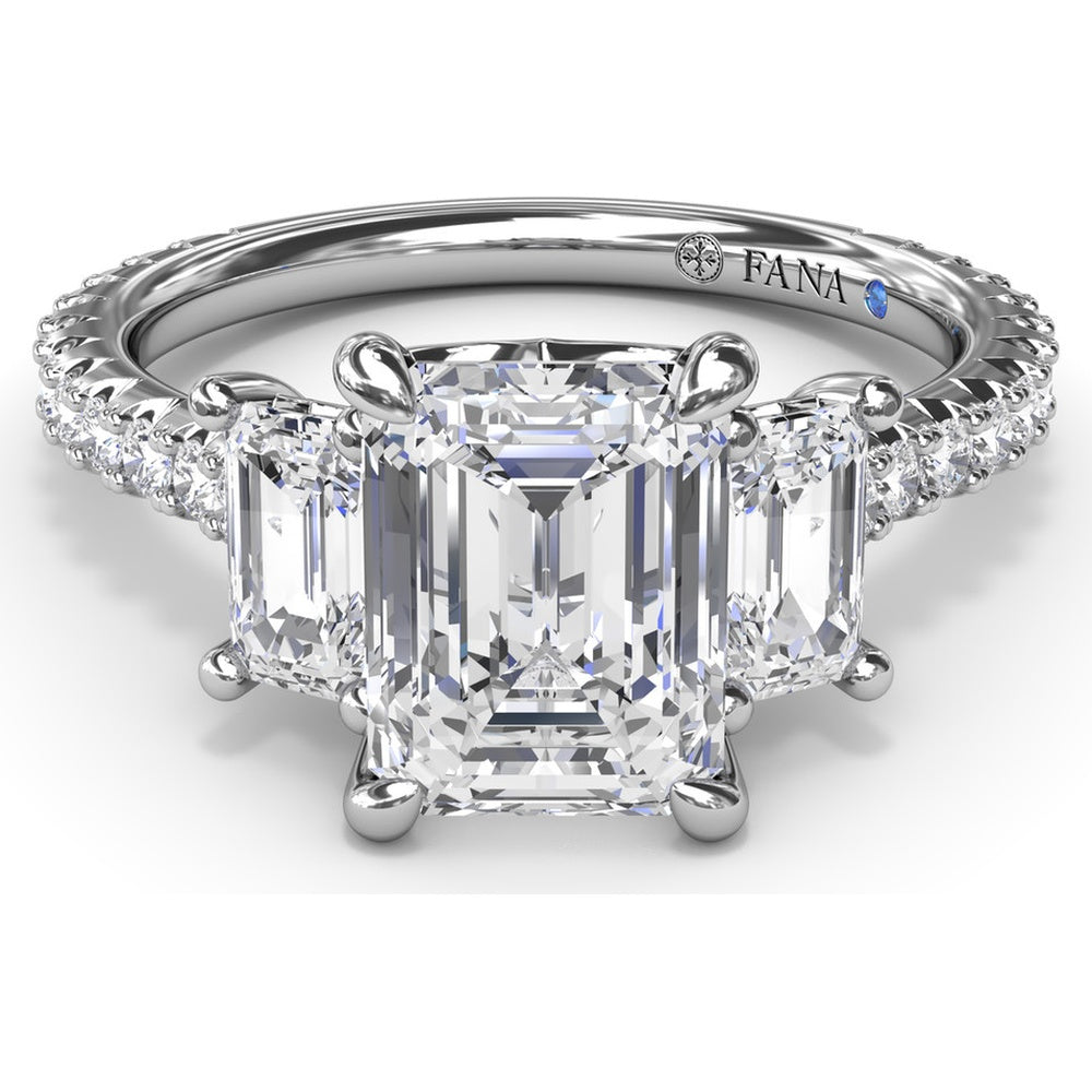 Three Stone Engagement Ring Setting with Emerald Cut Diamonds and Pavé Band by Fana - 1.09 Carat Total Diamond Weight