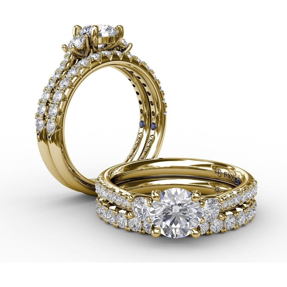 Three Stone Engagement Ring Setting with Pavé Diamond Band and Round Side Stones - 0.42 Carat Total Side Diamond Weight by Fana
