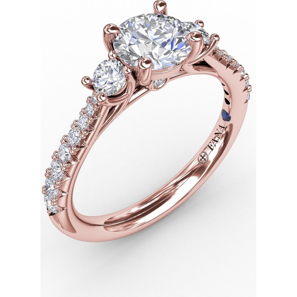 Three Stone Engagement Ring Setting with Pavé Diamond Band and Round Side Stones - 0.42 Carat Total Side Diamond Weight by Fana