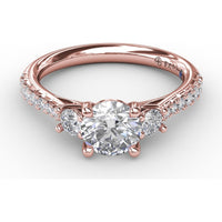 Three Stone Engagement Ring Setting with Pavé Diamond Band and Round Side Stones - 0.42 Carat Total Side Diamond Weight by Fana