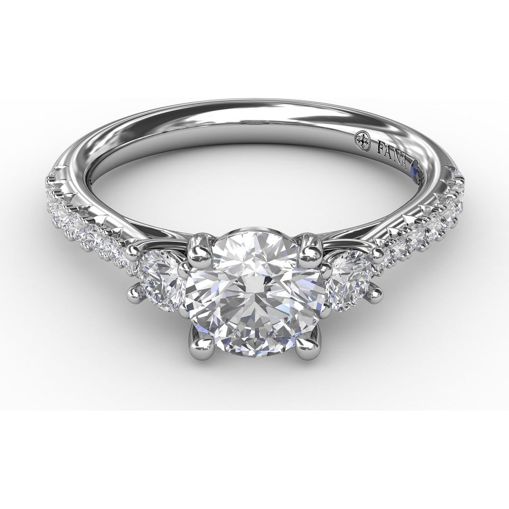 Three Stone Engagement Ring Setting with Pavé Diamond Band and Round Side Stones - 0.42 Carat Total Side Diamond Weight by Fana