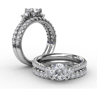 Three Stone Engagement Ring Setting with Pavé Diamond Band and Round Side Stones - 0.42 Carat Total Side Diamond Weight by Fana