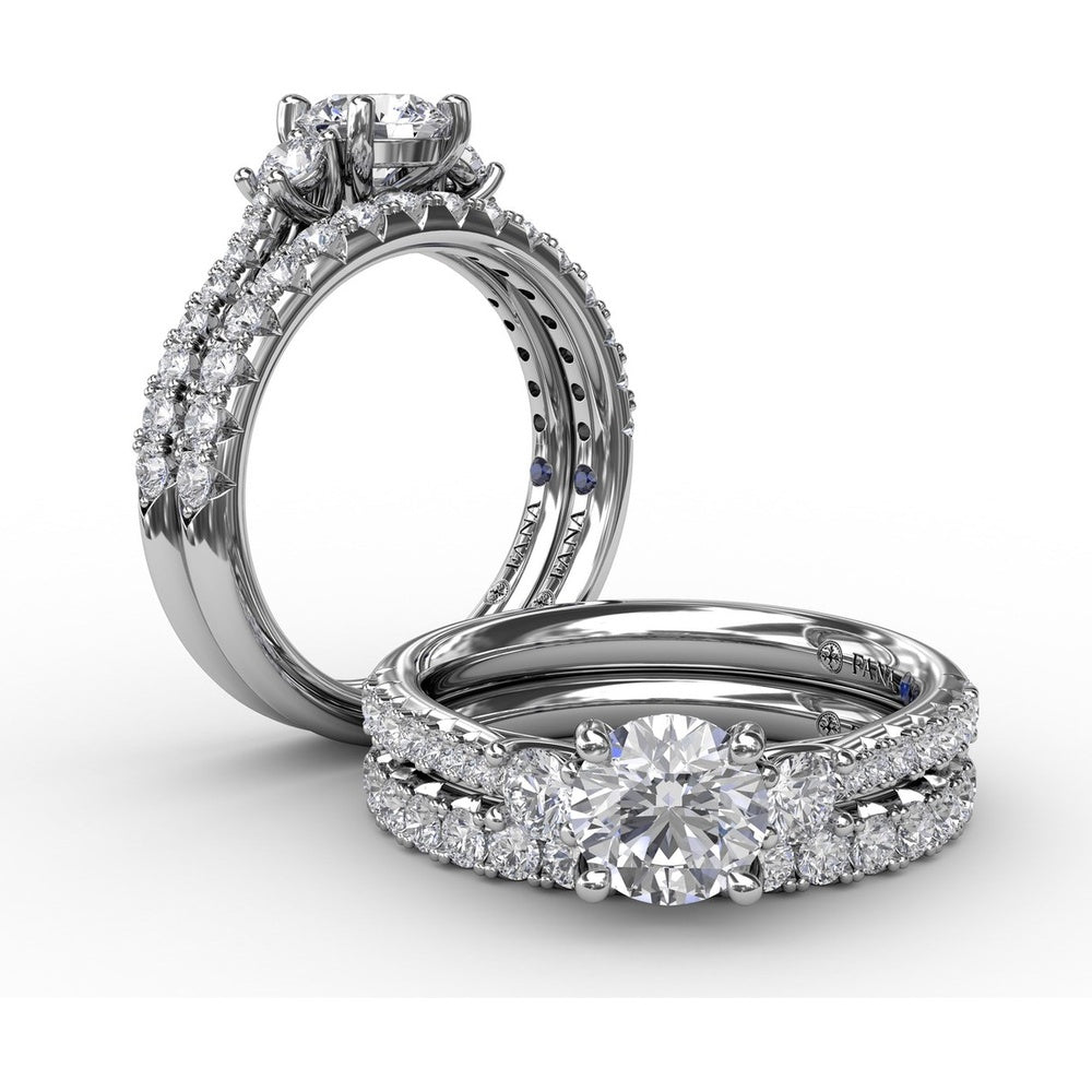 Three Stone Engagement Ring Setting with Pavé Diamond Band and Round Side Stones - 0.42 Carat Total Side Diamond Weight by Fana