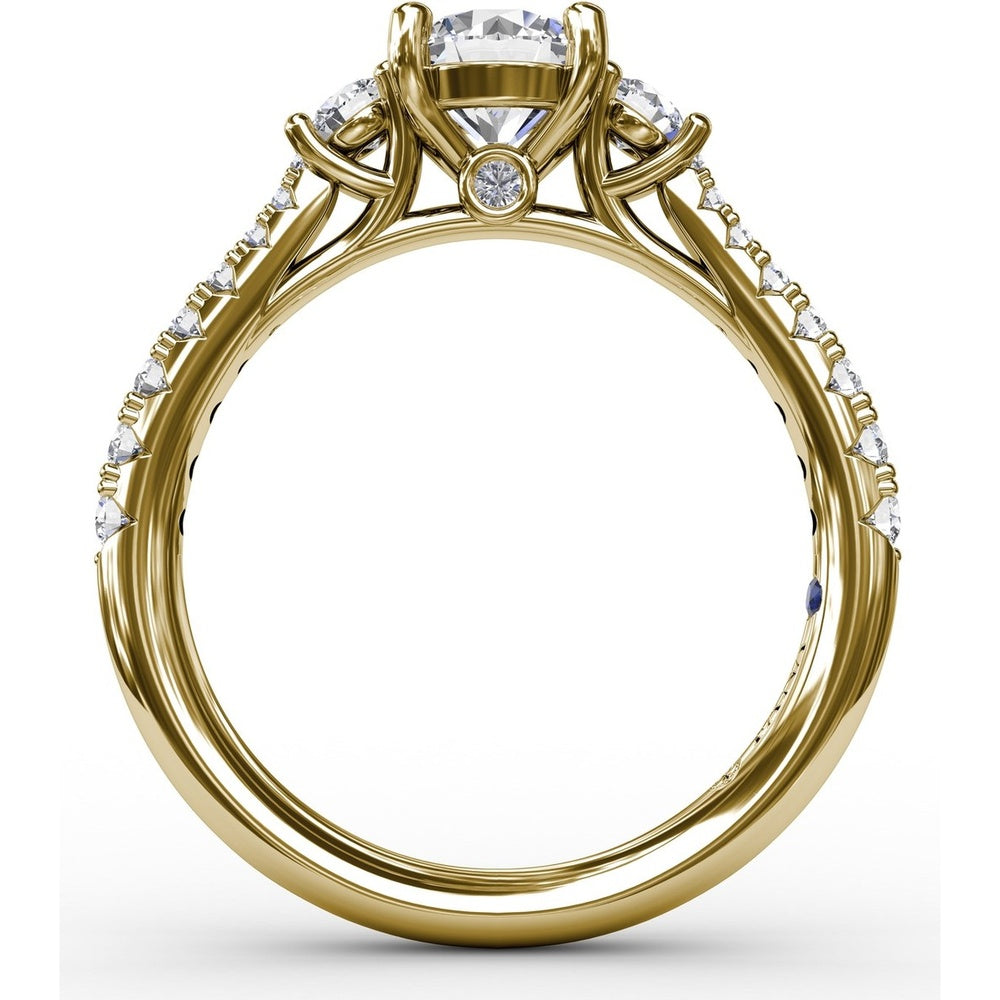 Three Stone Engagement Ring Setting with Pavé Diamond Band and Round Side Stones - 0.42 Carat Total Side Diamond Weight by Fana