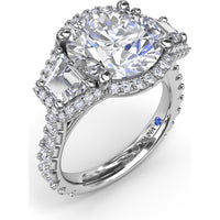 Three-Stone Engagement Ring Setting with Pear Center, Trapezoid Side Stones and Pavé Halos - 1.80 Carat Total Side Stone Weight by Fana