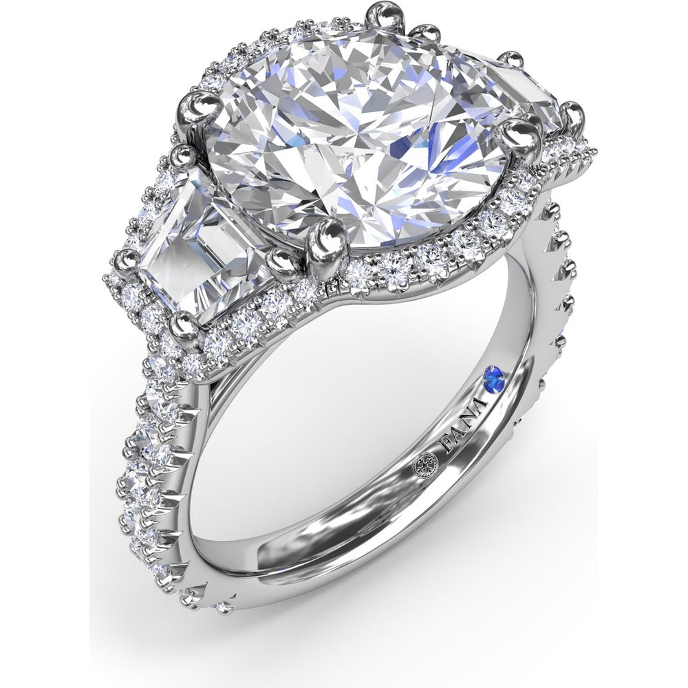 Three-Stone Engagement Ring Setting with Pear Center, Trapezoid Side Stones and Pavé Halos - 1.80 Carat Total Side Stone Weight by Fana