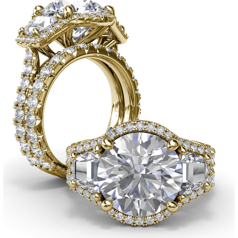 Three-Stone Engagement Ring Setting with Pear Center, Trapezoid Side Stones and Pavé Halos - 1.80 Carat Total Side Stone Weight by Fana