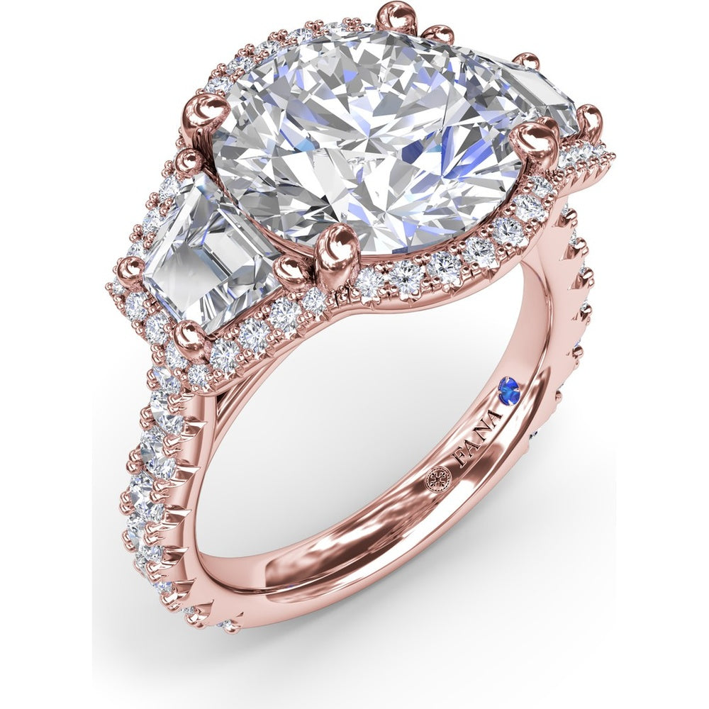 Three-Stone Engagement Ring Setting with Pear Center, Trapezoid Side Stones and Pavé Halos - 1.80 Carat Total Side Stone Weight by Fana
