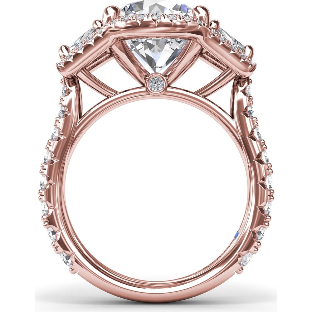 Three-Stone Engagement Ring Setting with Pear Center, Trapezoid Side Stones and Pavé Halos - 1.80 Carat Total Side Stone Weight by Fana