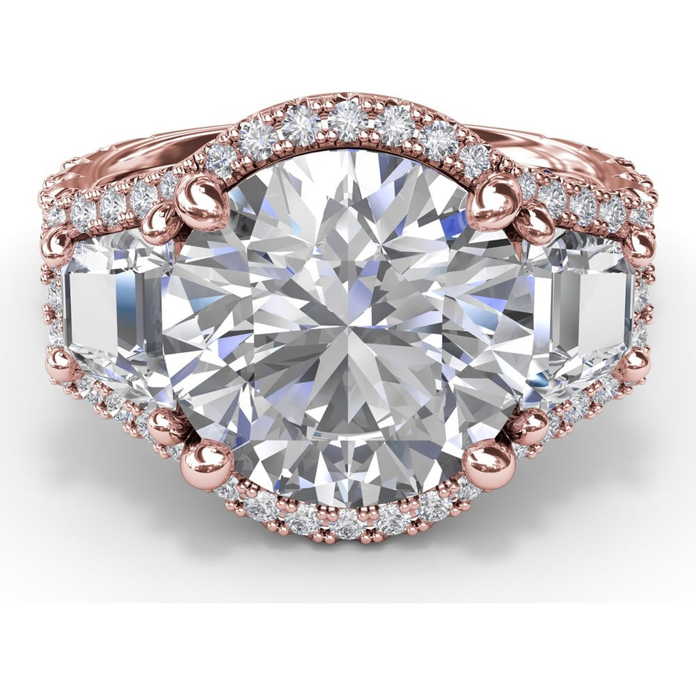 Three-Stone Engagement Ring Setting with Pear Center, Trapezoid Side Stones and Pavé Halos - 1.80 Carat Total Side Stone Weight by Fana