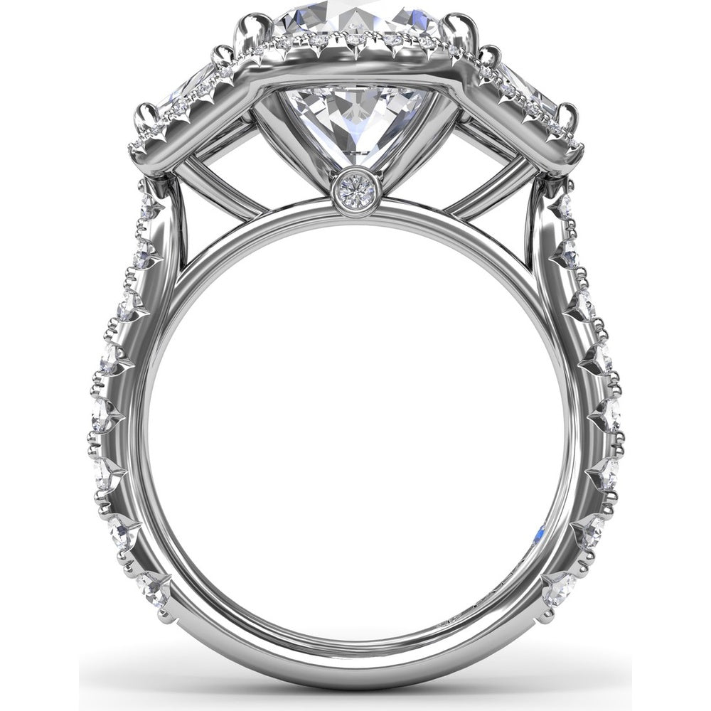 Three-Stone Engagement Ring Setting with Pear Center, Trapezoid Side Stones and Pavé Halos - 1.80 Carat Total Side Stone Weight by Fana