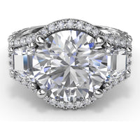 Three-Stone Engagement Ring Setting with Pear Center, Trapezoid Side Stones and Pavé Halos - 1.80 Carat Total Side Stone Weight by Fana