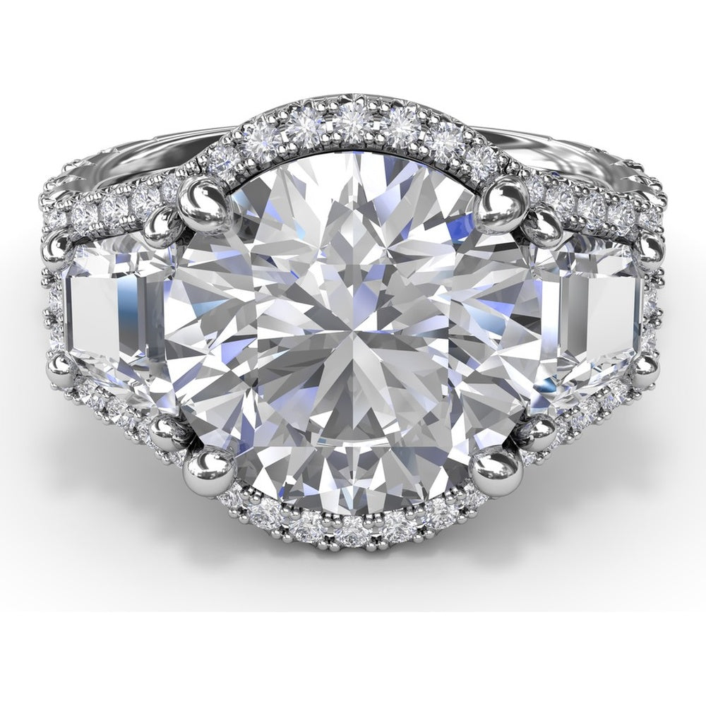 Three-Stone Engagement Ring Setting with Pear Center, Trapezoid Side Stones and Pavé Halos - 1.80 Carat Total Side Stone Weight by Fana