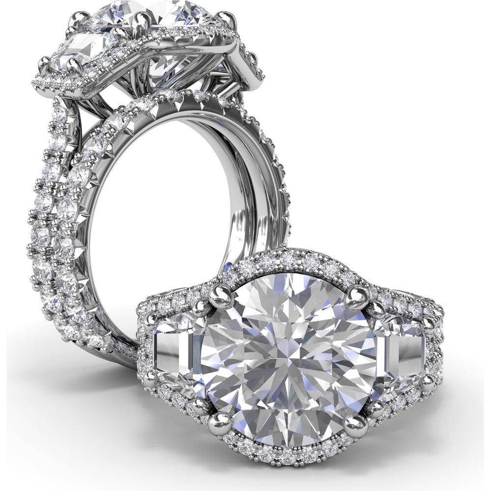 Three-Stone Engagement Ring Setting with Pear Center, Trapezoid Side Stones and Pavé Halos - 1.80 Carat Total Side Stone Weight by Fana