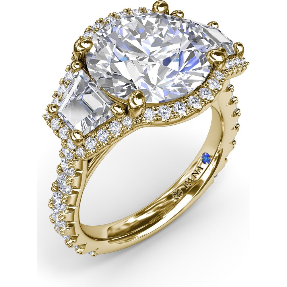 Three-Stone Engagement Ring Setting with Pear Center, Trapezoid Side Stones and Pavé Halos - 1.80 Carat Total Side Stone Weight by Fana