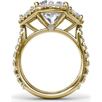 Three-Stone Engagement Ring Setting with Pear Center, Trapezoid Side Stones and Pavé Halos - 1.80 Carat Total Side Stone Weight by Fana