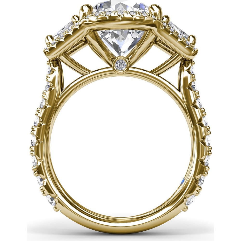 Three-Stone Engagement Ring Setting with Pear Center, Trapezoid Side Stones and Pavé Halos - 1.80 Carat Total Side Stone Weight by Fana