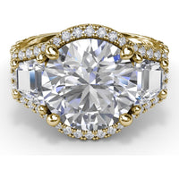 Three-Stone Engagement Ring Setting with Pear Center, Trapezoid Side Stones and Pavé Halos - 1.80 Carat Total Side Stone Weight by Fana