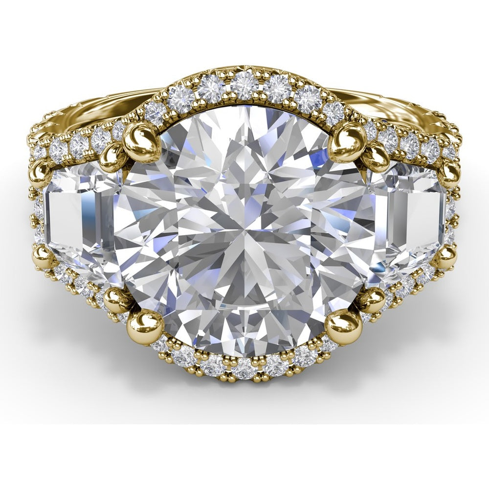 Three-Stone Engagement Ring Setting with Pear Center, Trapezoid Side Stones and Pavé Halos - 1.80 Carat Total Side Stone Weight by Fana