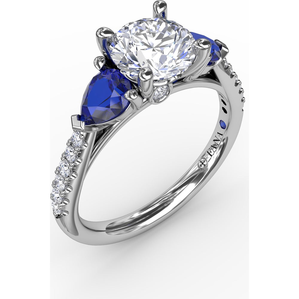 Three-Stone Engagement Ring Setting with Pear Sapphire Sidestones and Pavé Band by Fana - 0.88 Carat Total Sapphire Weight