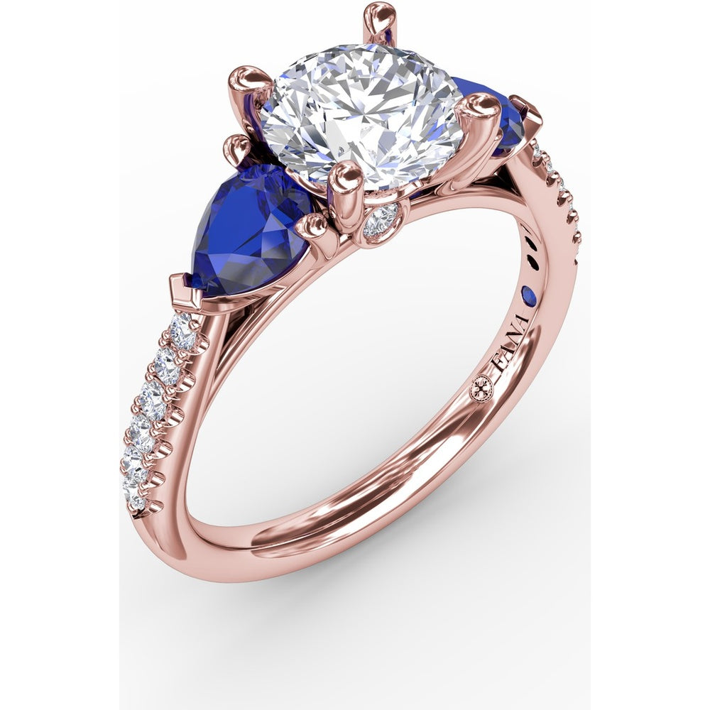 Three-Stone Engagement Ring Setting with Pear Sapphire Sidestones and Pavé Band by Fana - 0.88 Carat Total Sapphire Weight