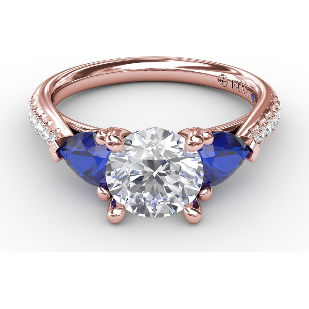Three-Stone Engagement Ring Setting with Pear Sapphire Sidestones and Pavé Band by Fana - 0.88 Carat Total Sapphire Weight