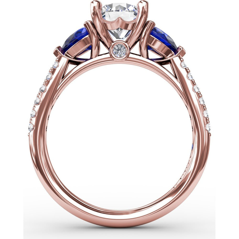 Three-Stone Engagement Ring Setting with Pear Sapphire Sidestones and Pavé Band by Fana - 0.88 Carat Total Sapphire Weight