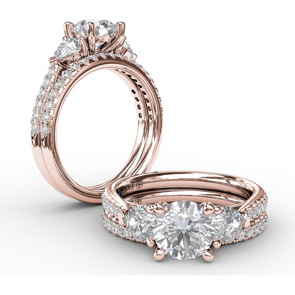 Three-Stone Engagement Ring Setting with Pear Sapphire Sidestones and Pavé Band by Fana - 0.88 Carat Total Sapphire Weight
