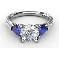 Three-Stone Engagement Ring Setting with Pear Sapphire Sidestones and Pavé Band by Fana - 0.88 Carat Total Sapphire Weight