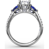 Three-Stone Engagement Ring Setting with Pear Sapphire Sidestones and Pavé Band by Fana - 0.88 Carat Total Sapphire Weight