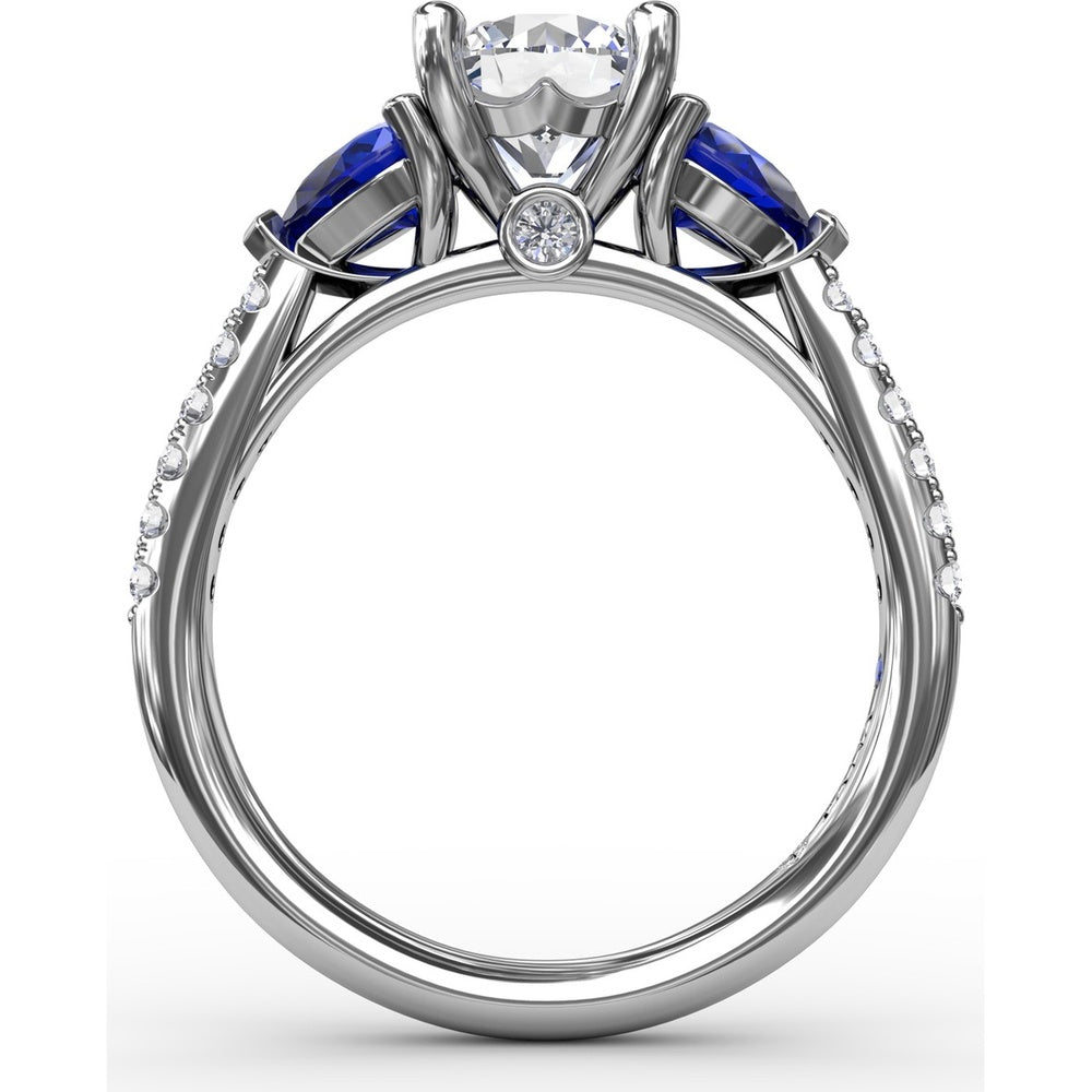 Three-Stone Engagement Ring Setting with Pear Sapphire Sidestones and Pavé Band by Fana - 0.88 Carat Total Sapphire Weight