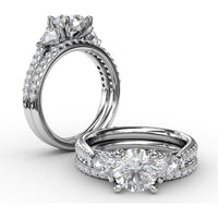 Three-Stone Engagement Ring Setting with Pear Sapphire Sidestones and Pavé Band by Fana - 0.88 Carat Total Sapphire Weight