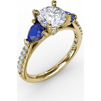 Three-Stone Engagement Ring Setting with Pear Sapphire Sidestones and Pavé Band by Fana - 0.88 Carat Total Sapphire Weight