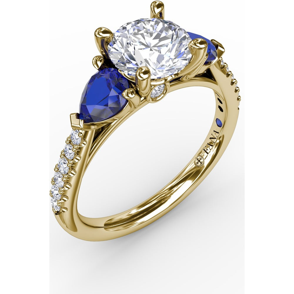 Three-Stone Engagement Ring Setting with Pear Sapphire Sidestones and Pavé Band by Fana - 0.88 Carat Total Sapphire Weight
