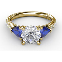 Three-Stone Engagement Ring Setting with Pear Sapphire Sidestones and Pavé Band by Fana - 0.88 Carat Total Sapphire Weight