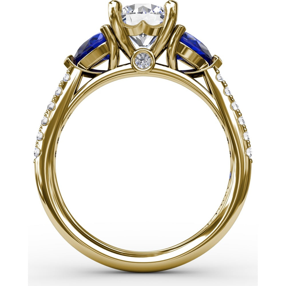 Three-Stone Engagement Ring Setting with Pear Sapphire Sidestones and Pavé Band by Fana - 0.88 Carat Total Sapphire Weight