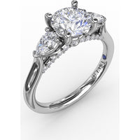 Three-Stone Engagement Ring Setting with Pear-Shape Side Diamonds and Pavé Gallery - 0.55 Carat Total Side Diamond Weight by Fana