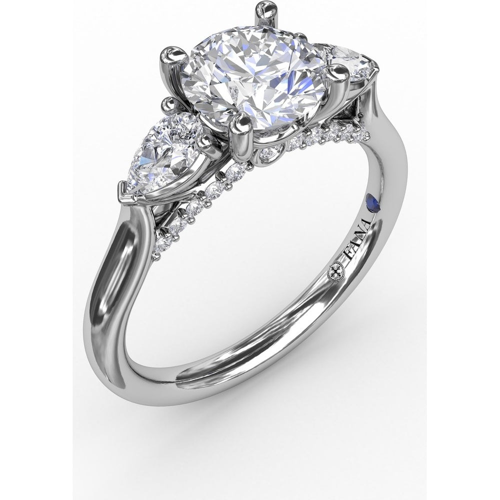 Three-Stone Engagement Ring Setting with Pear-Shape Side Diamonds and Pavé Gallery - 0.55 Carat Total Side Diamond Weight by Fana