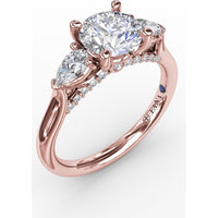 Three-Stone Engagement Ring Setting with Pear-Shape Side Diamonds and Pavé Gallery - 0.55 Carat Total Side Diamond Weight by Fana