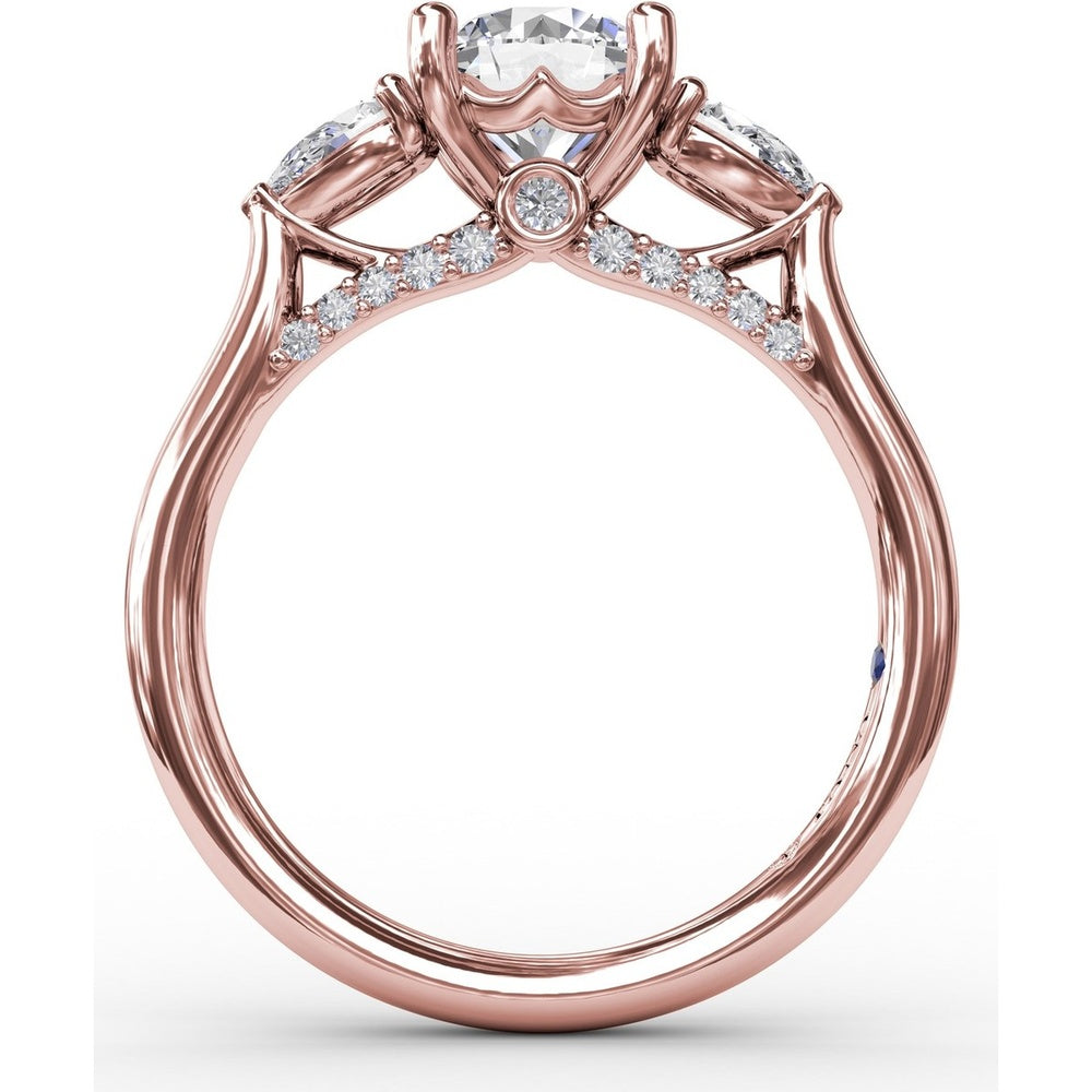 Three-Stone Engagement Ring Setting with Pear-Shape Side Diamonds and Pavé Gallery - 0.55 Carat Total Side Diamond Weight by Fana