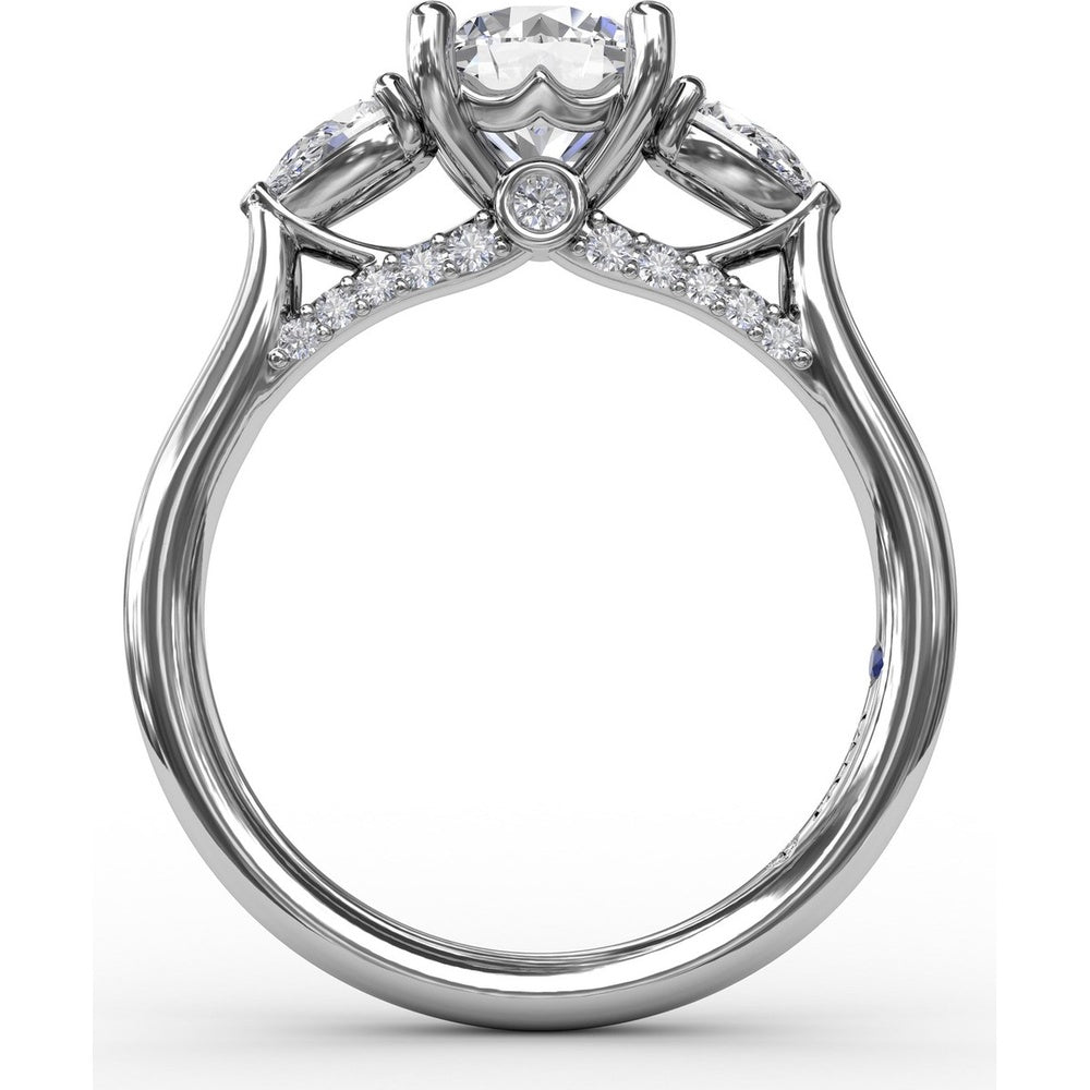 Three-Stone Engagement Ring Setting with Pear-Shape Side Diamonds and Pavé Gallery - 0.55 Carat Total Side Diamond Weight by Fana