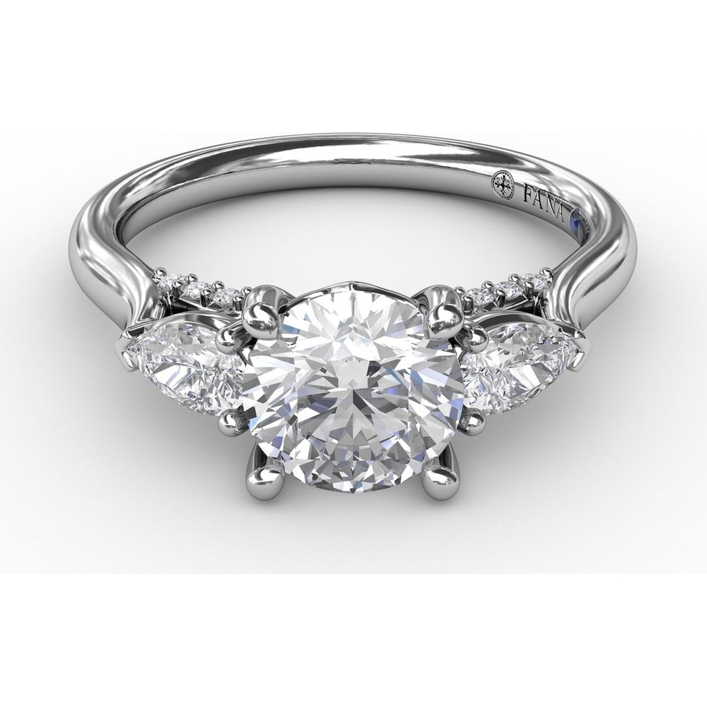 Three-Stone Engagement Ring Setting with Pear-Shape Side Diamonds and Pavé Gallery - 0.55 Carat Total Side Diamond Weight by Fana