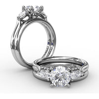Three-Stone Engagement Ring Setting with Pear-Shape Side Diamonds and Pavé Gallery - 0.55 Carat Total Side Diamond Weight by Fana