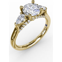 Three-Stone Engagement Ring Setting with Pear-Shape Side Diamonds and Pavé Gallery - 0.55 Carat Total Side Diamond Weight by Fana