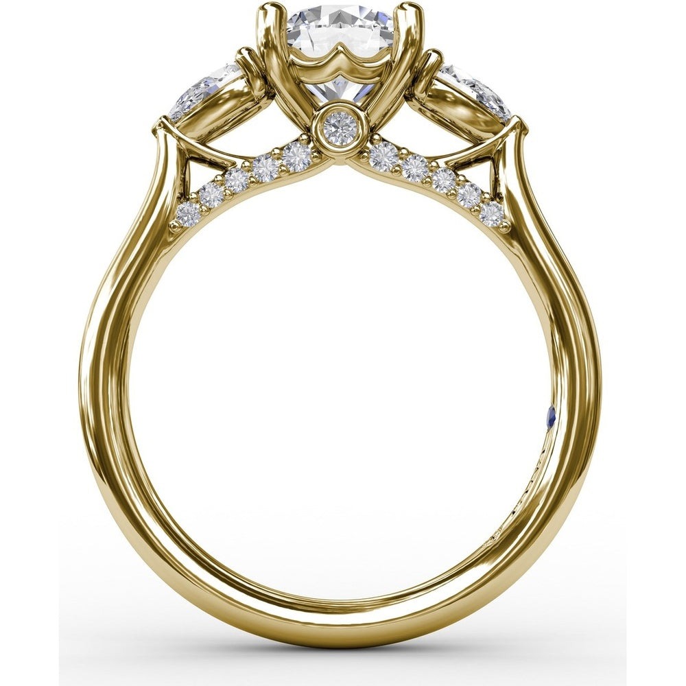 Three-Stone Engagement Ring Setting with Pear-Shape Side Diamonds and Pavé Gallery - 0.55 Carat Total Side Diamond Weight by Fana