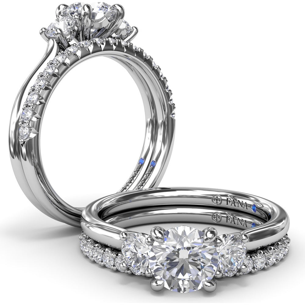 Three-Stone Engagement Ring Setting with Prong Set Round Side Diamonds - 0.32 Carat Total Side Diamond Weight by Fana