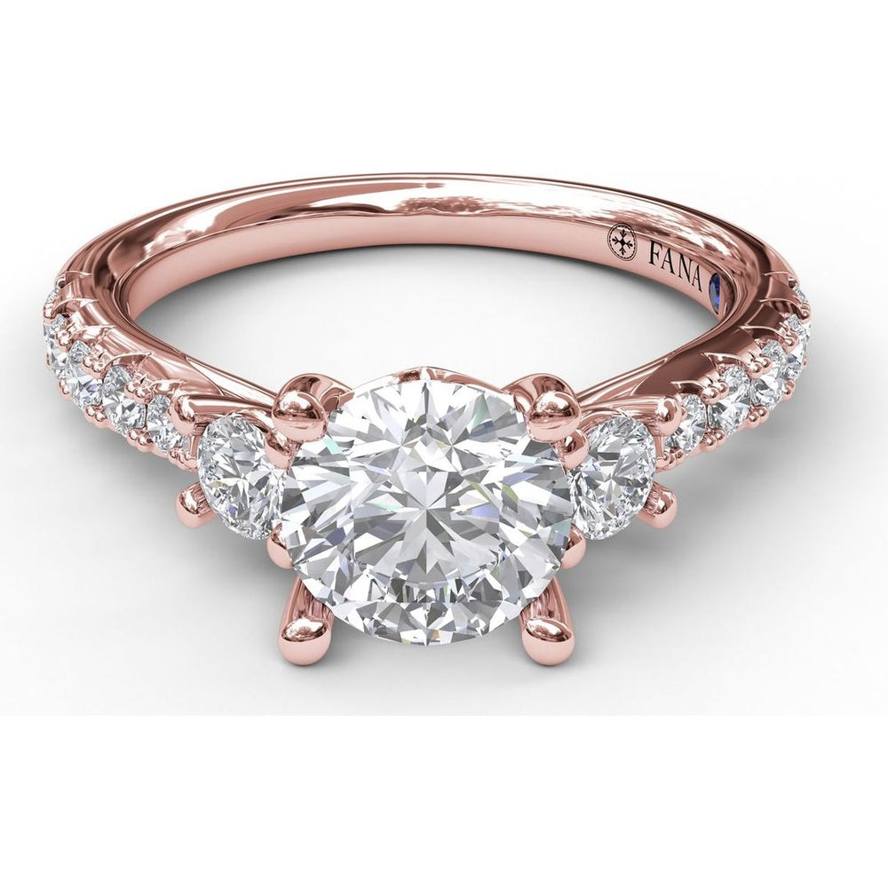 Three Stone Engagement Ring Setting with Round Center Mounting and Pavé Accent Diamonds - 0.56 Carat Total Accent Diamond Weight by Fana